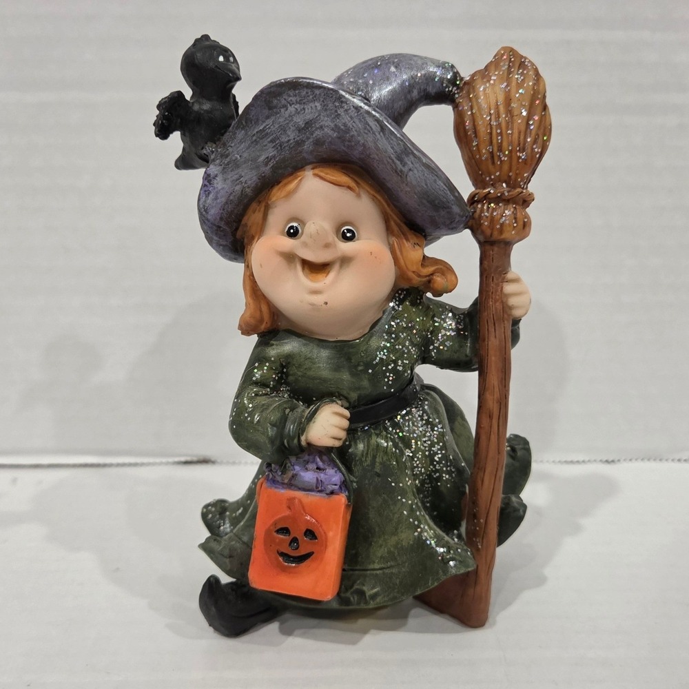 Designspirations 2003 Halloween Witch Figurine 5 Inch Glitter Broom Crow 10596